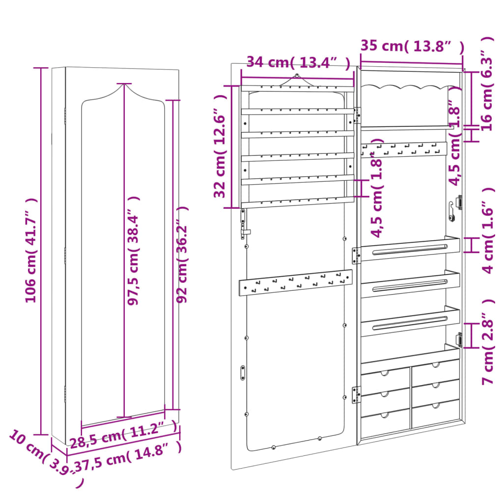 Mirror Jewellery Cabinet Wall Mounted 37.5x10x106 cm