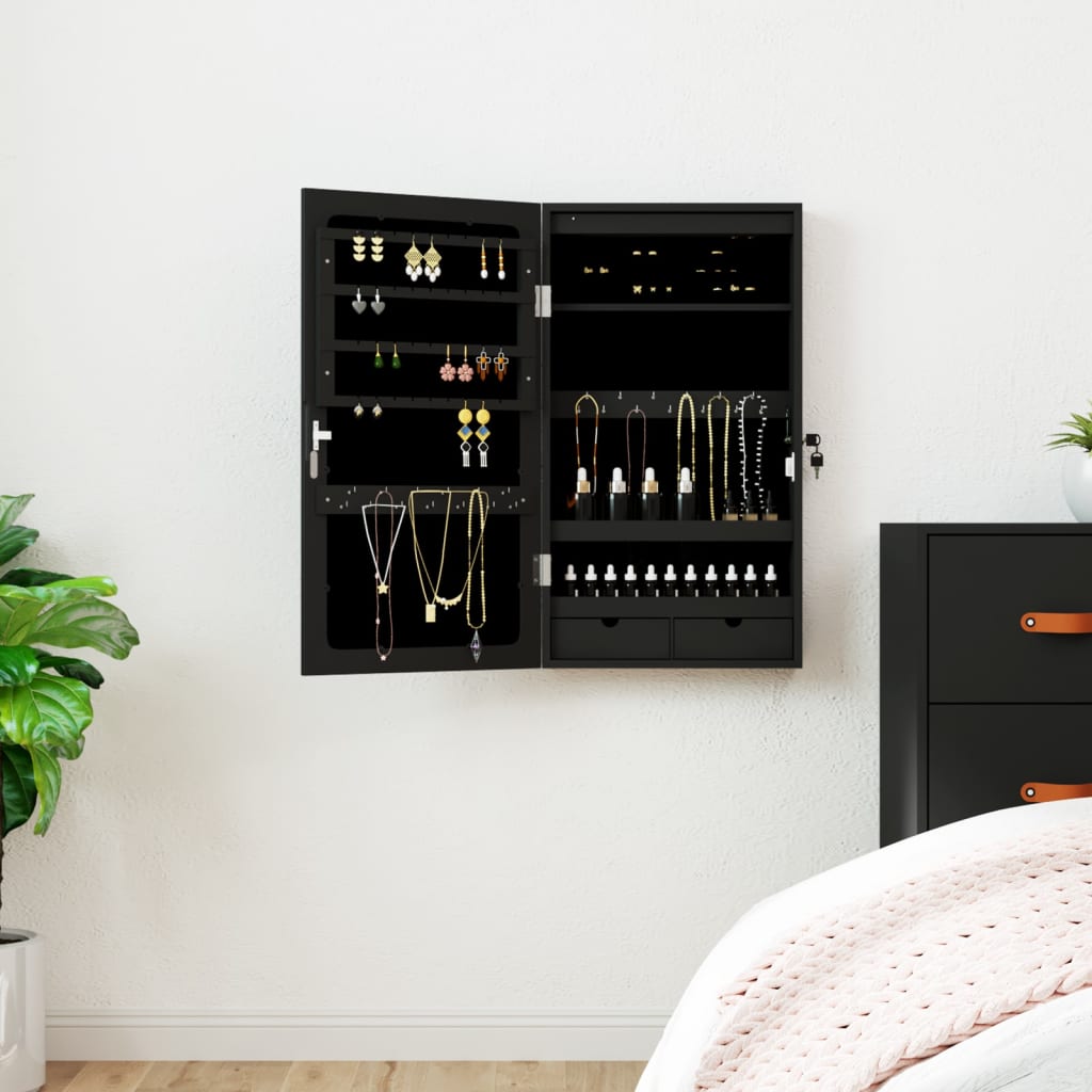 Mirror Jewellery Cabinet with LED Lights Wall Mounted Black