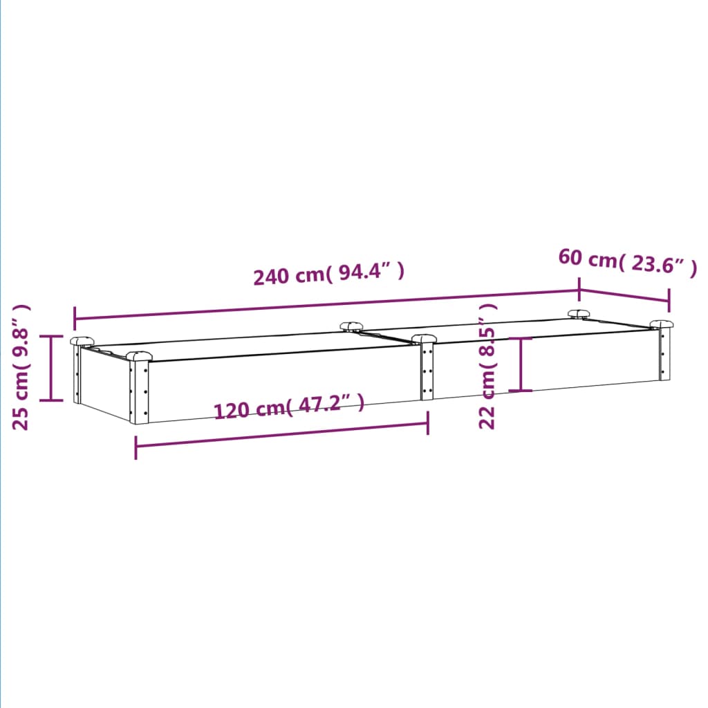 Garden Raised Bed with Liner Grey 240x60x25 cm Solid Wood Fir