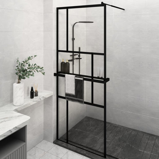 Walk-in Shower Wall with Shelf Black 80x195 cm ESG Glass&Aluminium