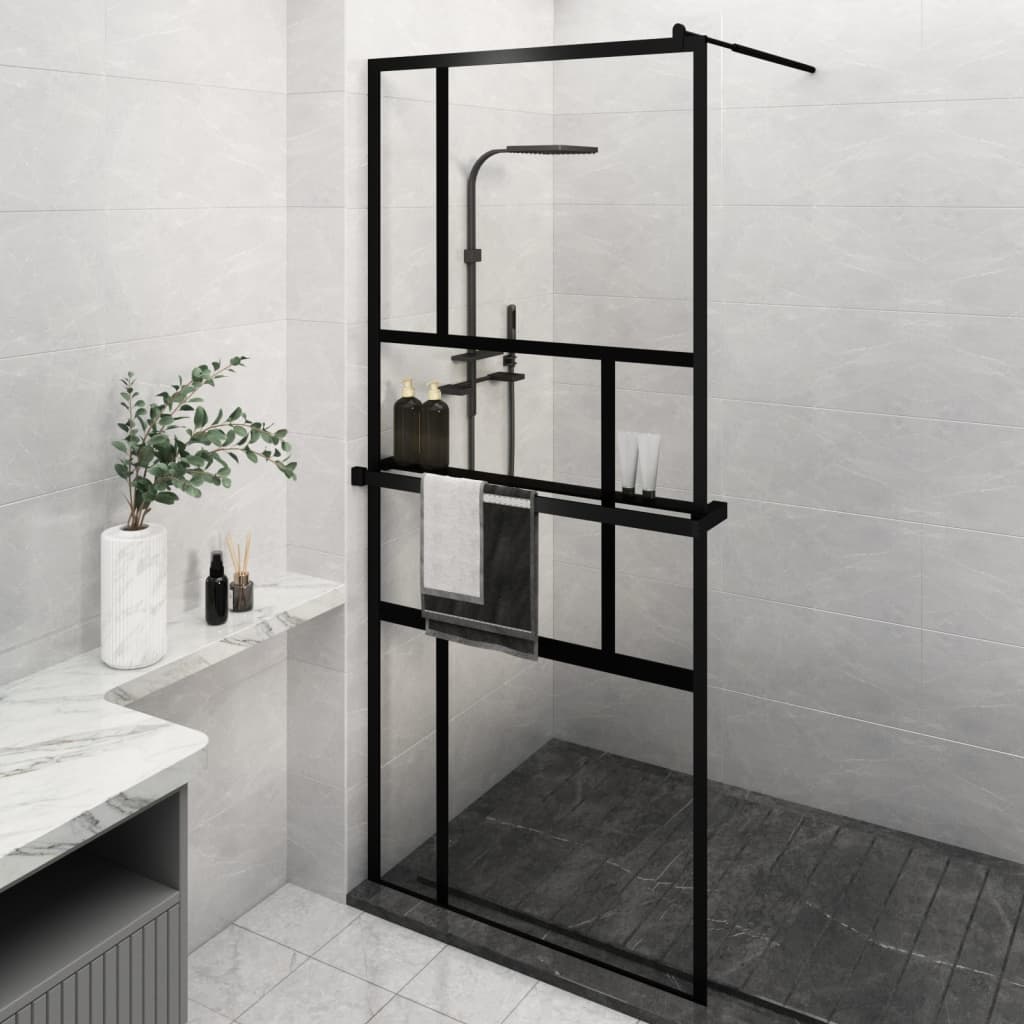 Walk-in Shower Wall with Shelf Black 100x195 cm ESG Glass&Aluminium