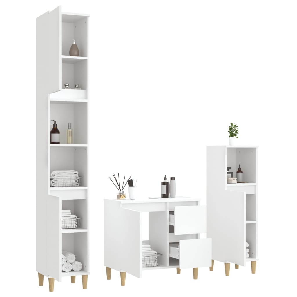 3 Piece Bathroom Cabinet Set White Engineered Wood