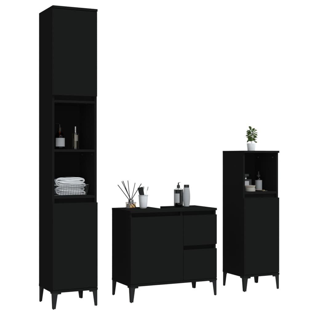 3 Piece Bathroom Cabinet Set Black Engineered Wood