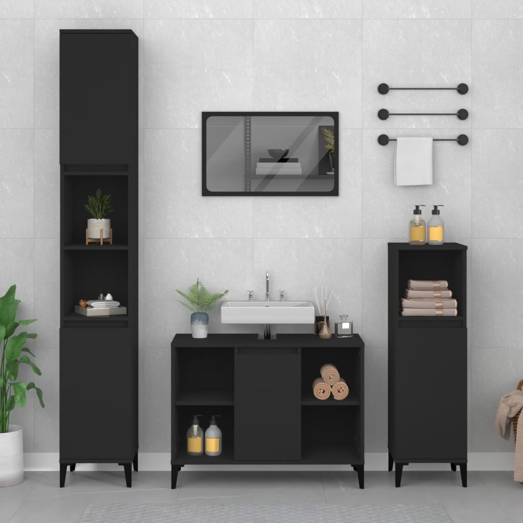 3 Piece Bathroom Furniture Set Black Engineered Wood