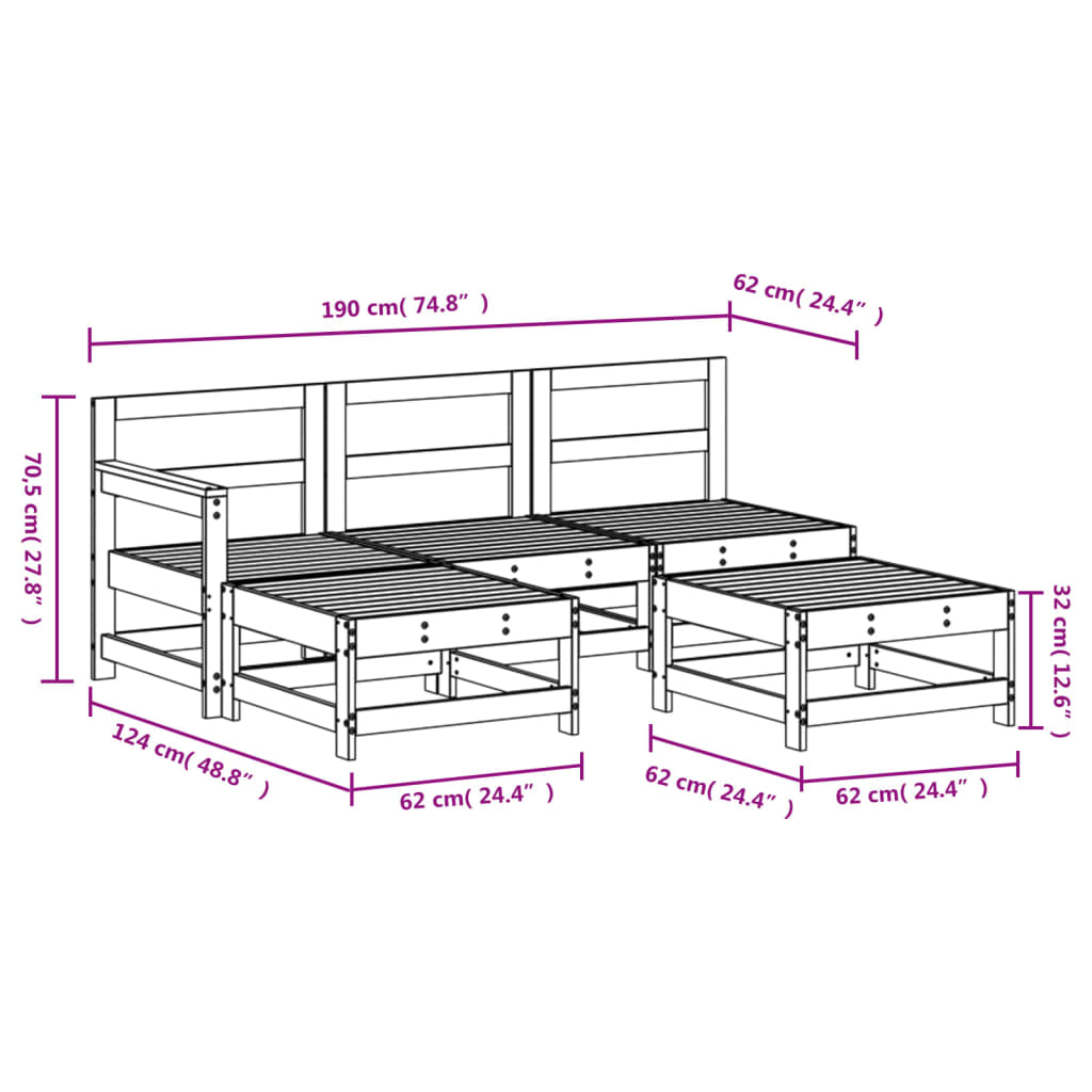 5 Piece Garden Lounge Set White Solid Wood Pine