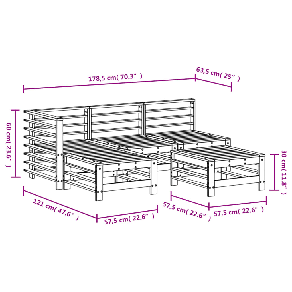 5 Piece Garden Lounge Set Grey Solid Wood Pine