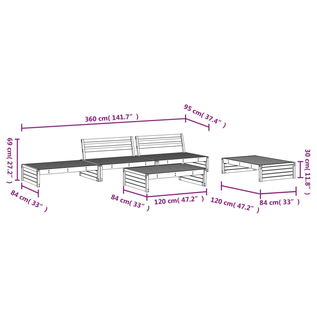 5 Piece Garden Lounge Set Solid Wood Pine