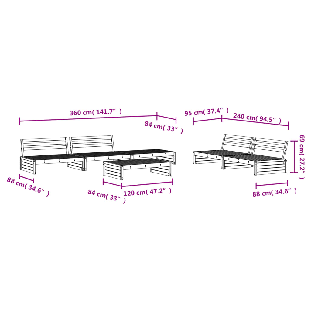 6 Piece Garden Lounge Set Black Solid Wood Pine