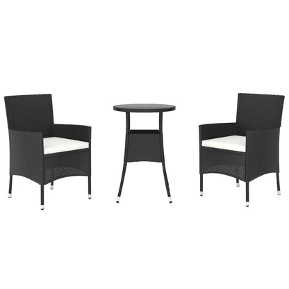 3 Piece Garden Bistro Set with Cushions Black Poly Rattan