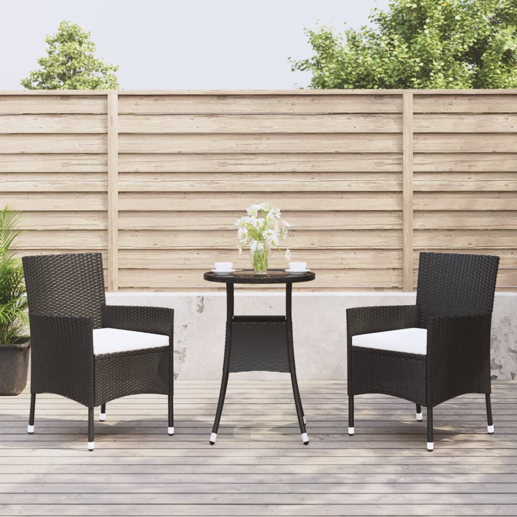 3 Piece Garden Bistro Set with Cushions Black Poly Rattan