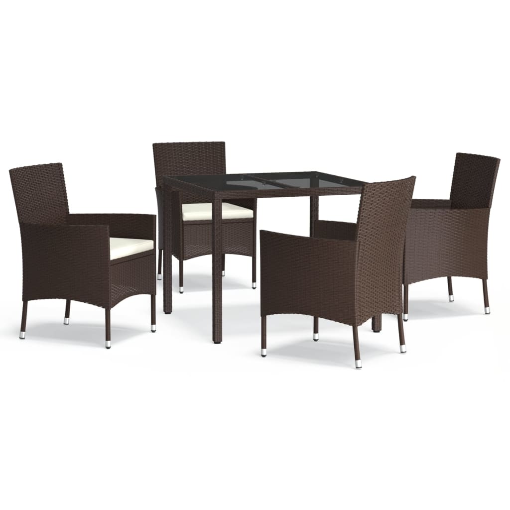 5 Piece Garden Dining Set with Cushions Brown Poly Rattan