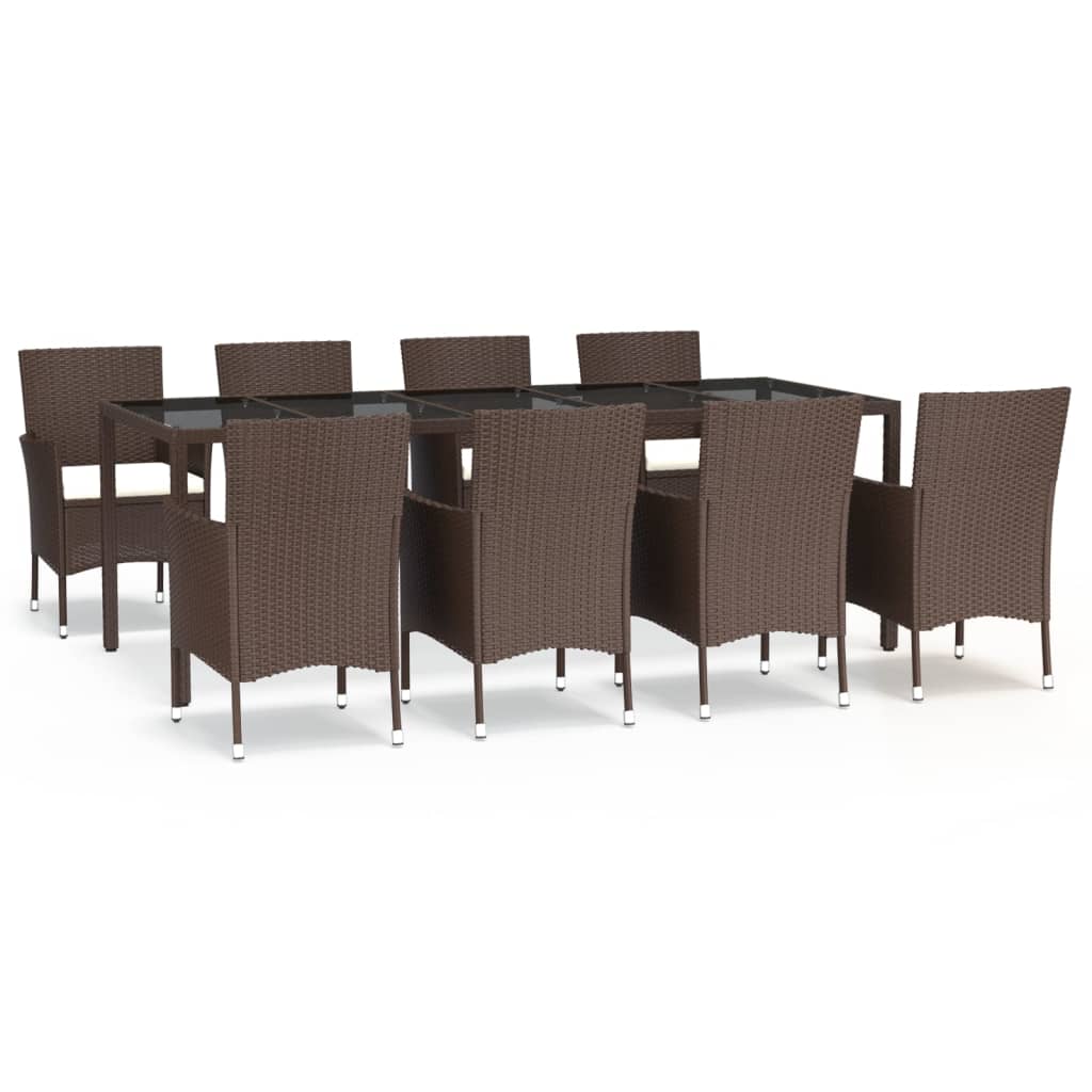 9 Piece Garden Dining Set with Cushions Brown Poly Rattan