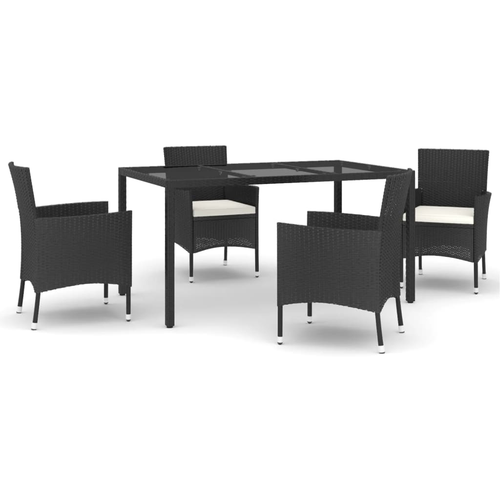 5 Piece Garden Dining Set with Cushions Black Poly Rattan