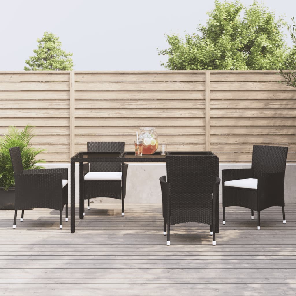 5 Piece Garden Dining Set with Cushions Black Poly Rattan