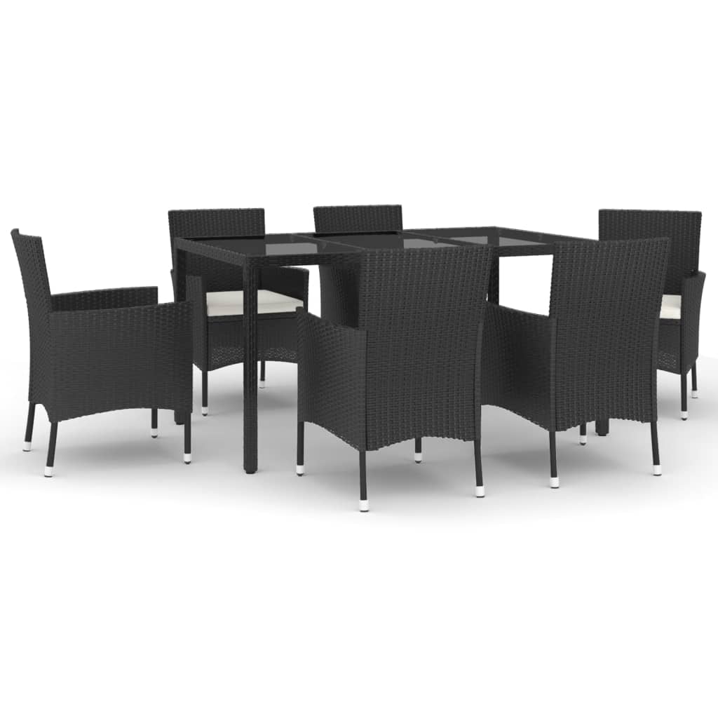 7 Piece Garden Dining Set with Cushions Black Poly Rattan