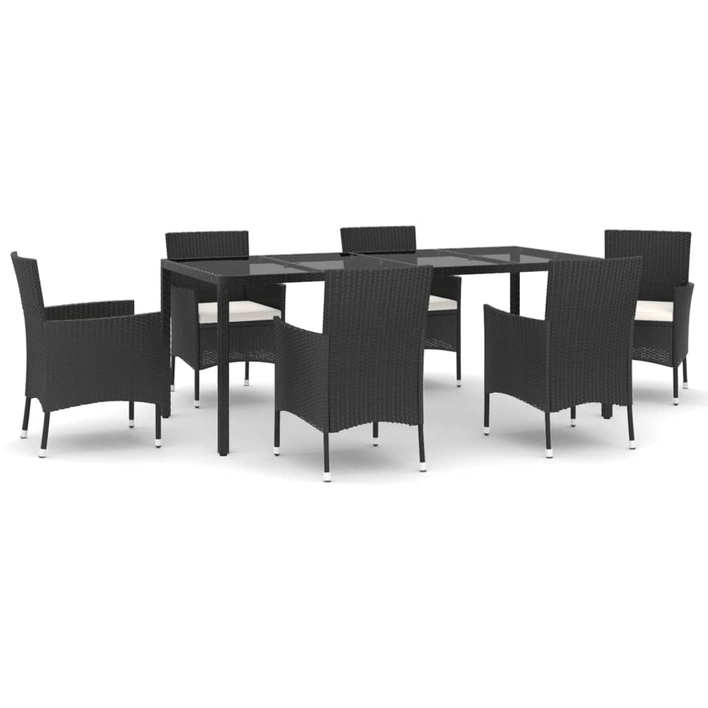 7 Piece Garden Dining Set with Cushions Black Poly Rattan