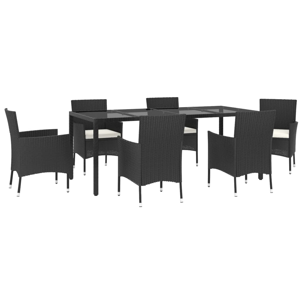 7 Piece Garden Dining Set with Cushions Black Poly Rattan