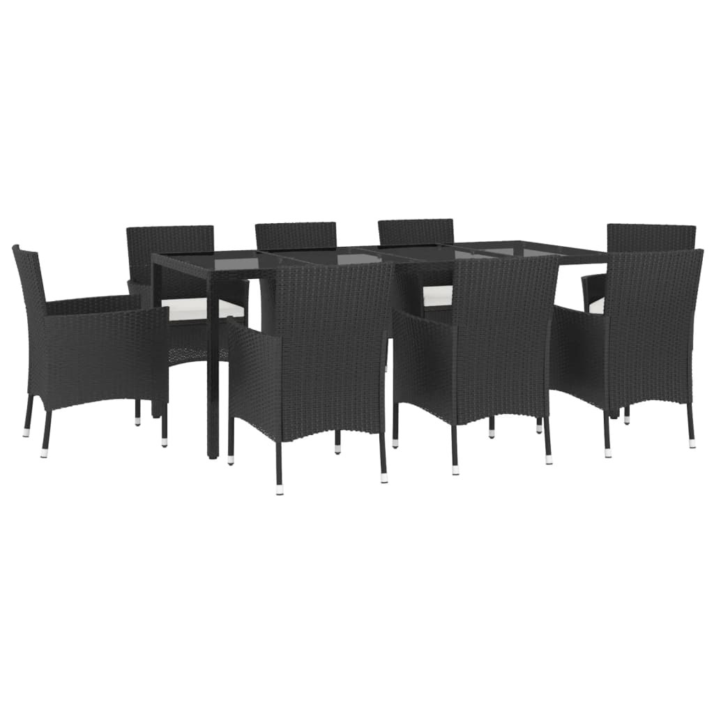 9 Piece Garden Dining Set with Cushions Black Poly Rattan