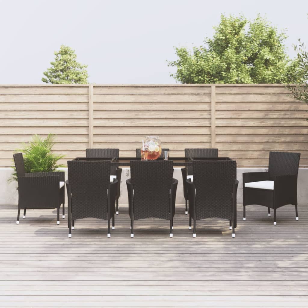 9 Piece Garden Dining Set with Cushions Black Poly Rattan