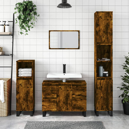 Bathroom Cabinet Smoked Oak 30x30x100 cm Engineered Wood