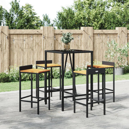 5 Piece Garden Bar Set Black Poly Rattan& Solid Wood Acacia