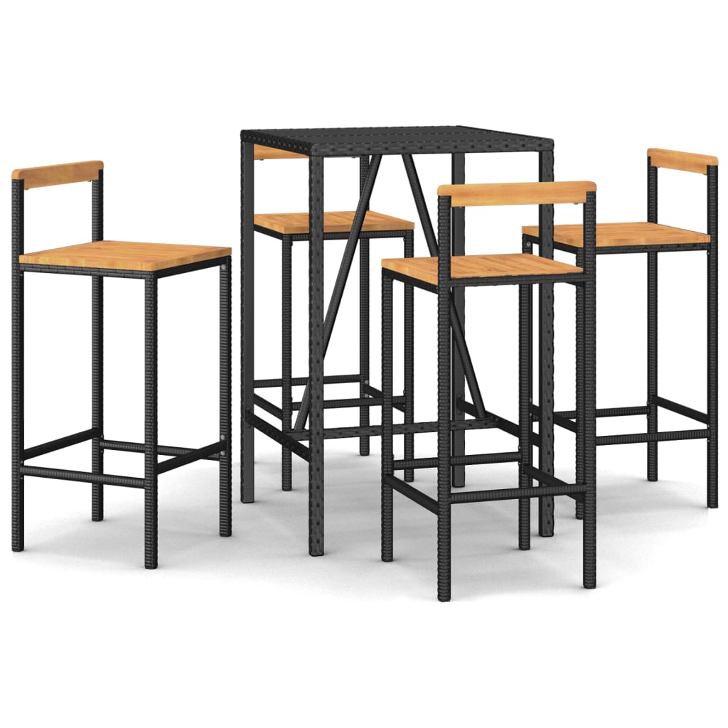 5 Piece Garden Bar Set Black Poly Rattan& Solid Wood Acacia