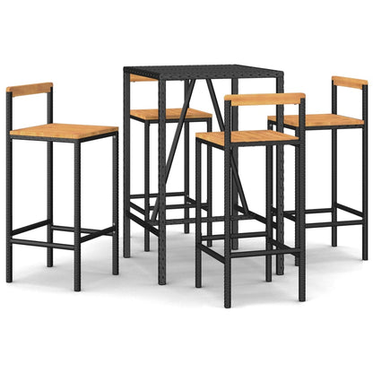 5 Piece Garden Bar Set Black Poly Rattan& Solid Wood Acacia