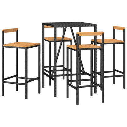 5 Piece Garden Bar Set Black Poly Rattan& Solid Wood Acacia