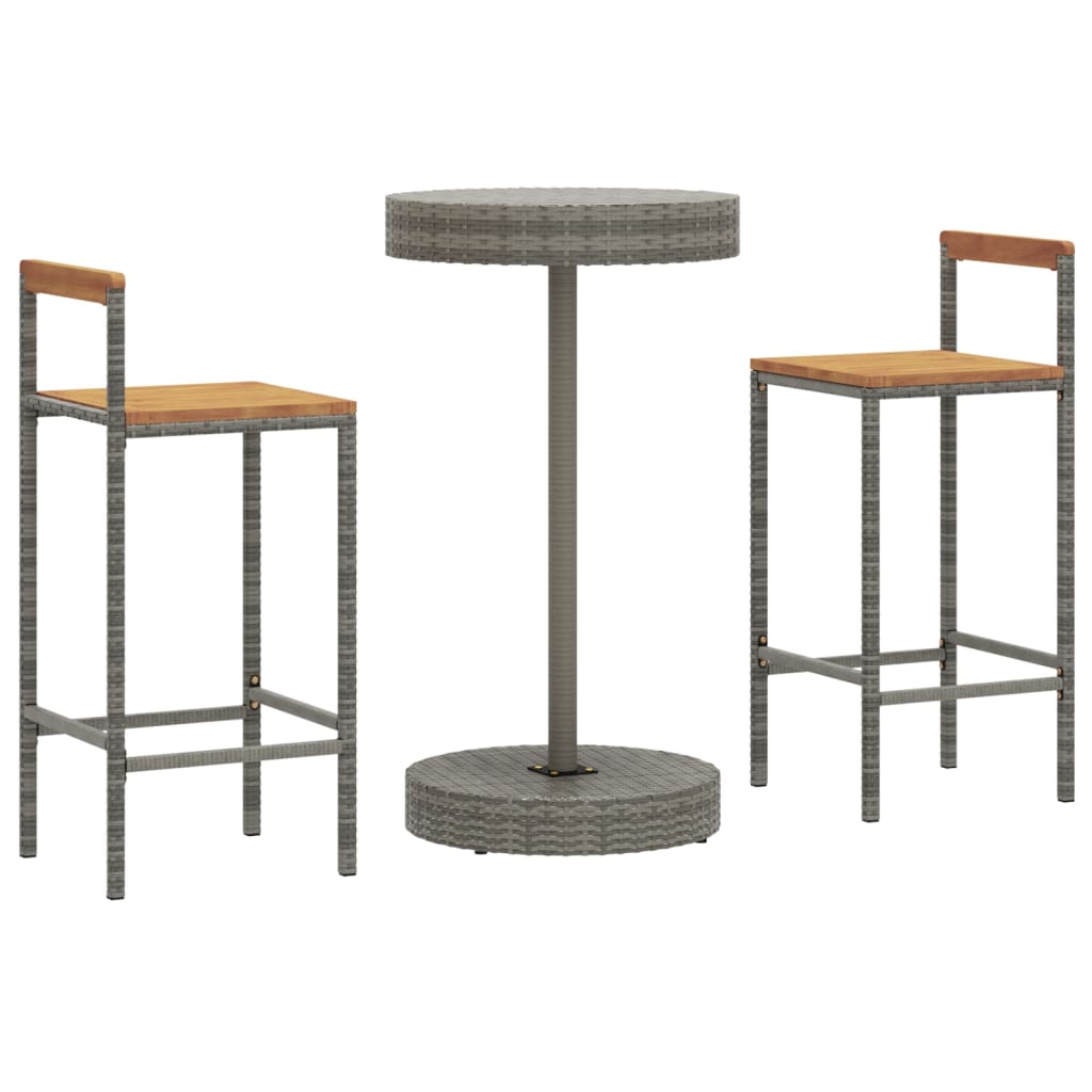 3 Piece Garden Bar Set Grey Poly Rattan&Solid Wood Acacia