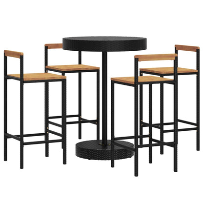 5 Piece Garden Bar Set Black Poly Rattan&Solid Wood Acacia