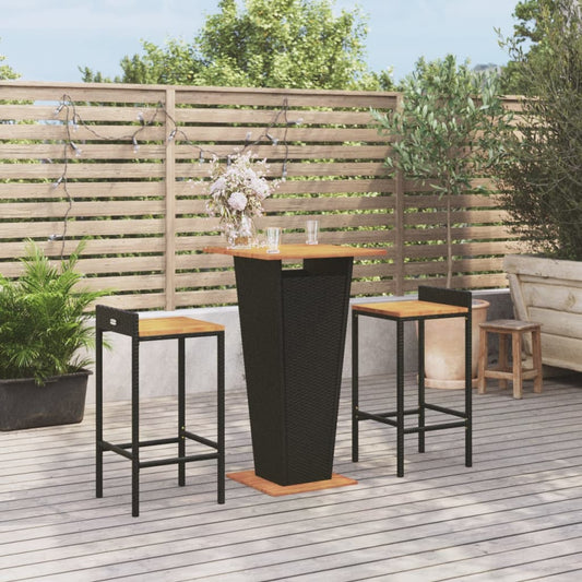 3 Piece Garden Bar Set Black Poly Rattan&Solid Wood Acacia