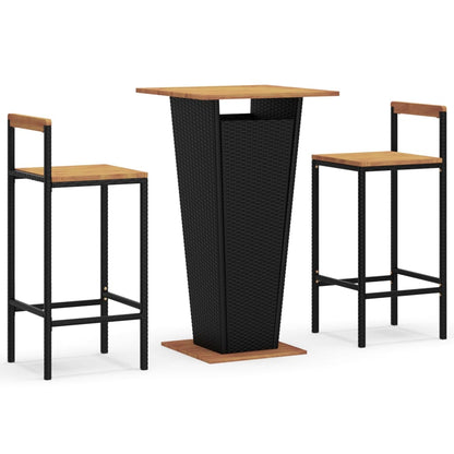 3 Piece Garden Bar Set Black Poly Rattan&Solid Wood Acacia