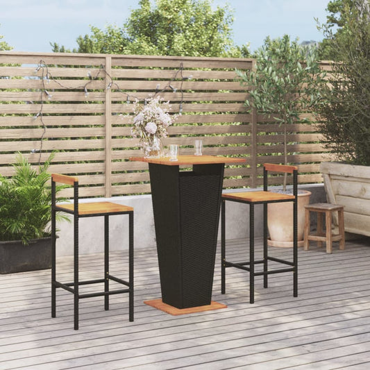 3 Piece Garden Bar Set Black Poly Rattan&Solid Wood Acacia