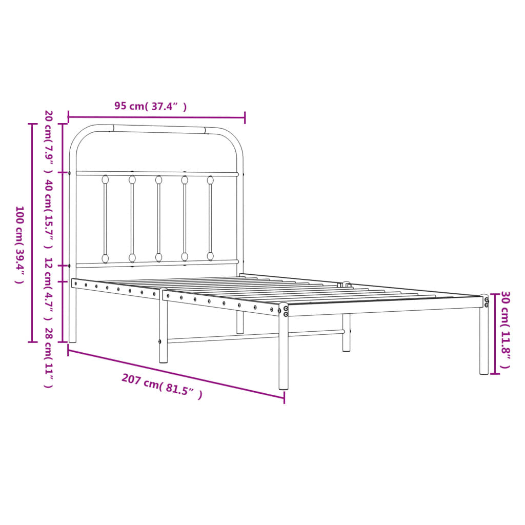 Metal Bed Frame without Mattress with Headboard Black 90x200cm