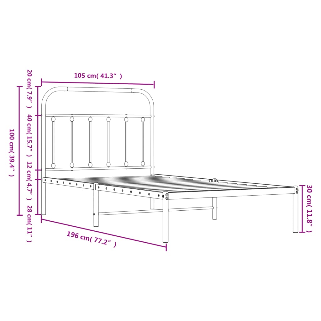Metal Bed Frame without Mattress with Headboard Black 100x190cm