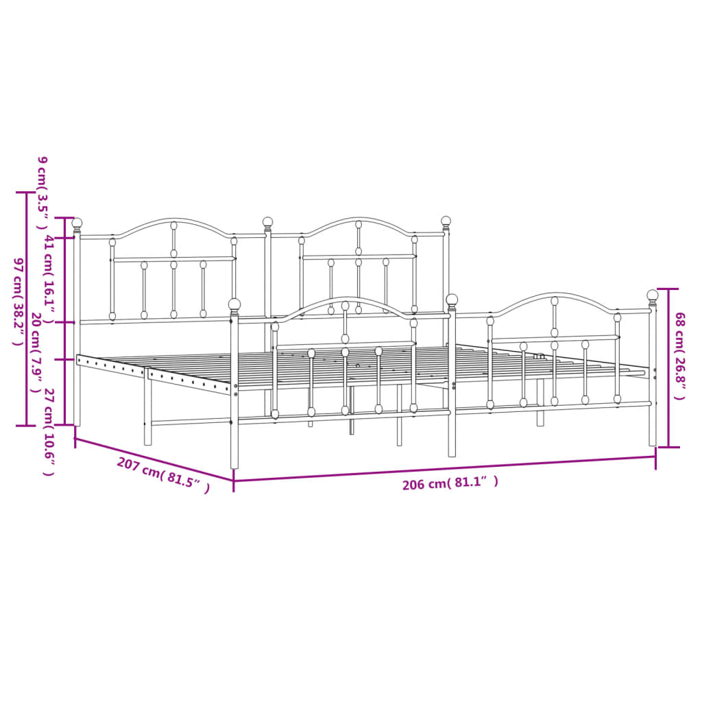Metal Bed Frame without Mattress with Footboard Black 200x200cm