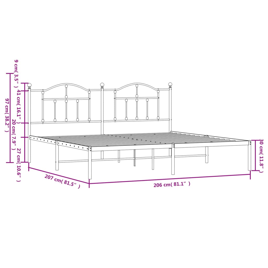 Metal Bed Frame without Mattress with Headboard White 200x200cm