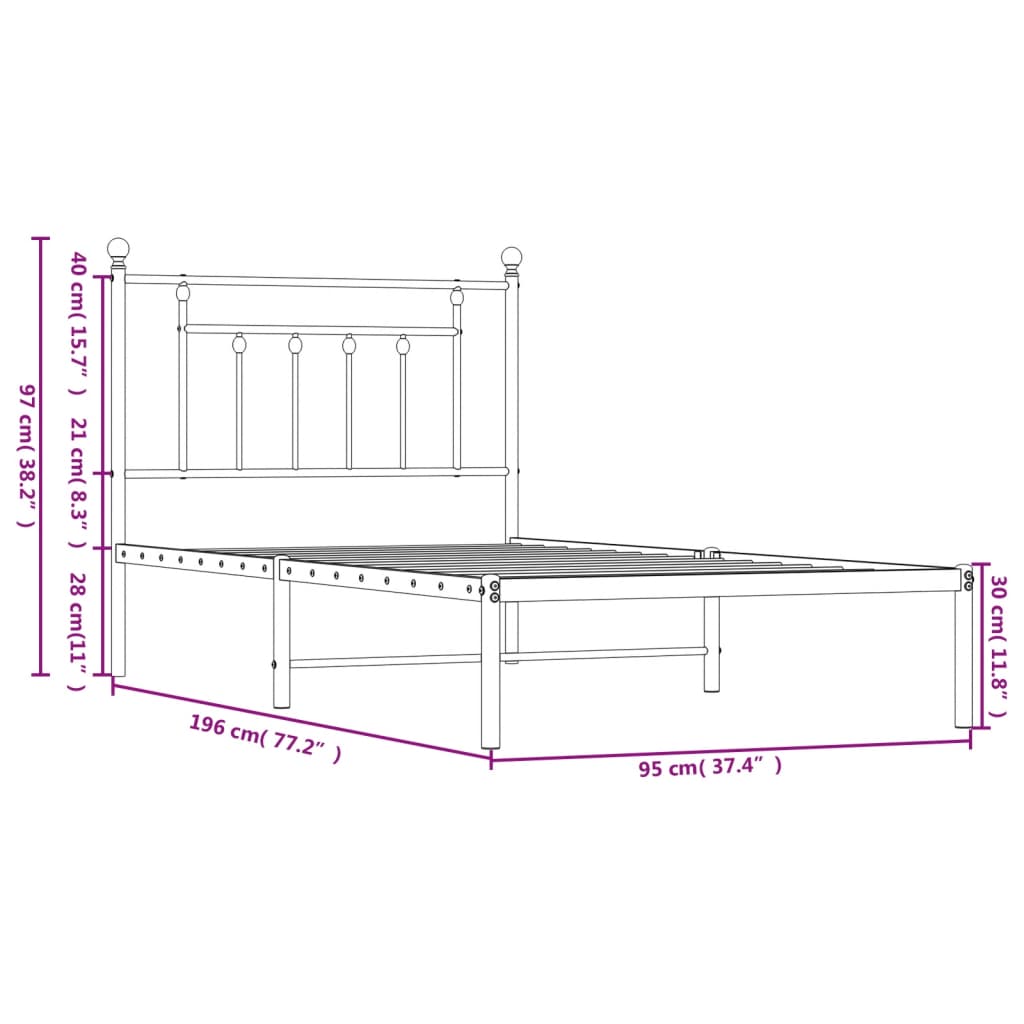 Metal Bed Frame without Mattress with Headboard Black 90x190cm