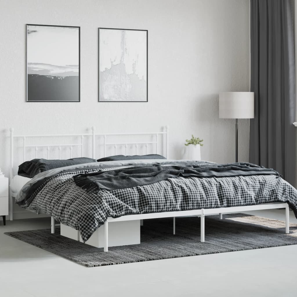 Metal Bed Frame without Mattress with Headboard White 193x203cm
