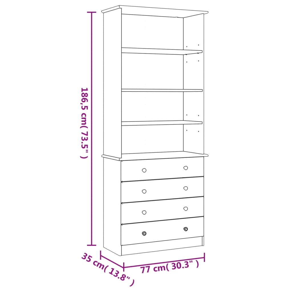 Bookcase with Drawers ALTA 77x35x186.5 cm Solid Wood Pine