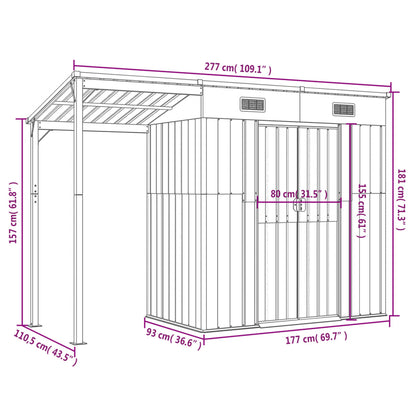 Garden Shed with Extended Roof Light Grey 277x110.5x181 cm Steel