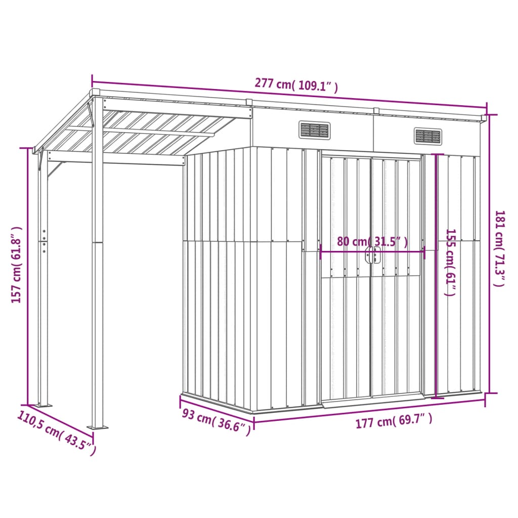 Garden Shed with Extended Roof Anthracite 277x110.5x181 cm Steel