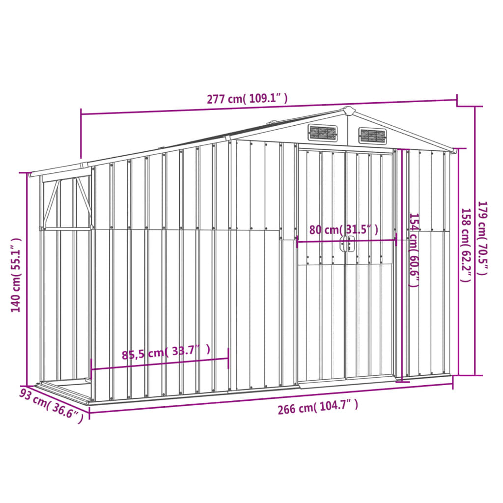 Garden Shed Brown 277x93x179 cm Galvanised Steel