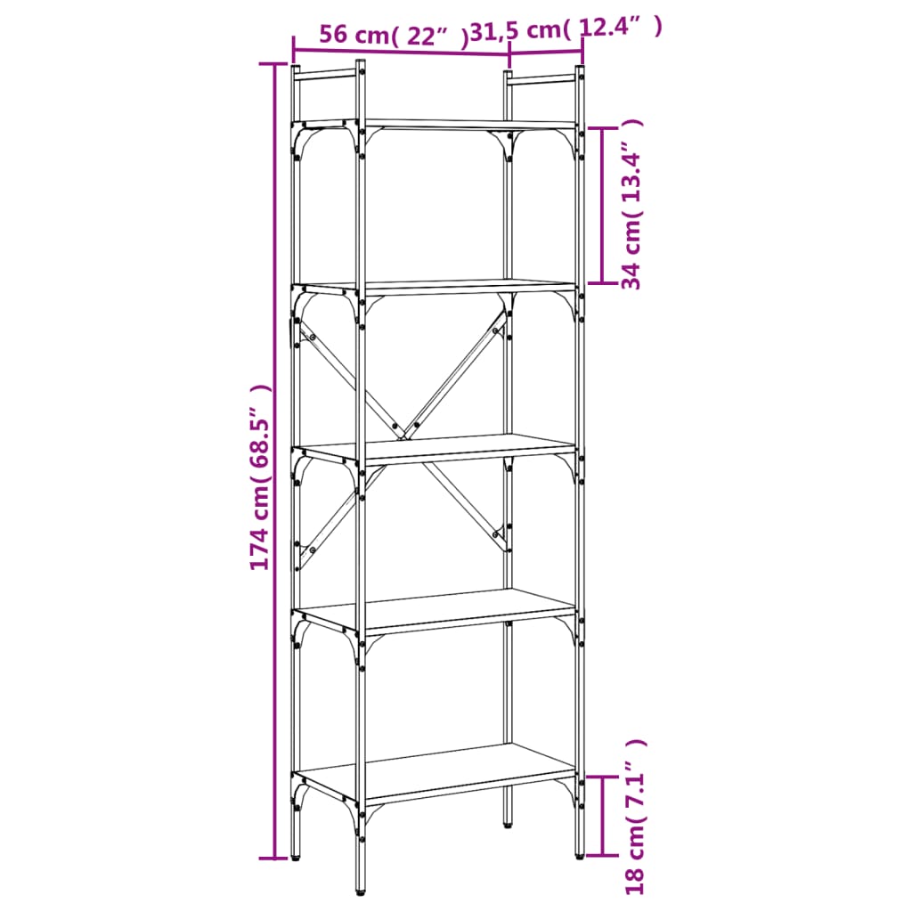 Bookcase 5-Tier Black 56x31.5x174 cm Engineered Wood