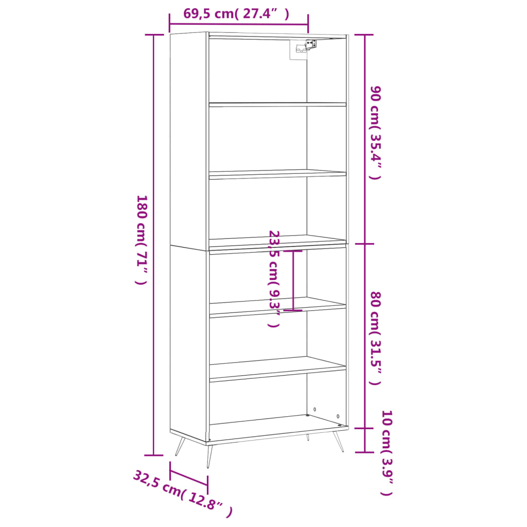 Highboard Black 69.5x32.5x180 cm Engineered Wood