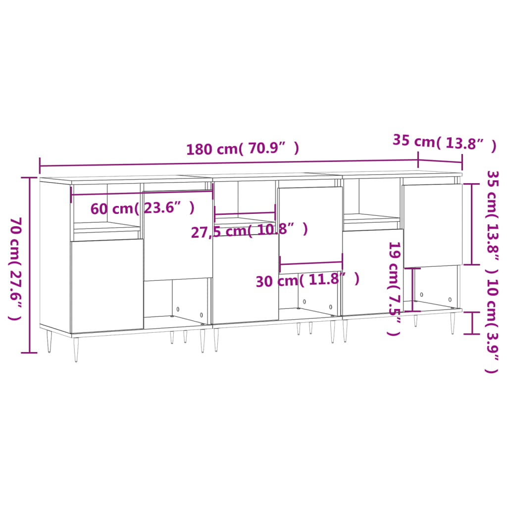 Sideboards 3 pcs High Gloss White Engineered Wood