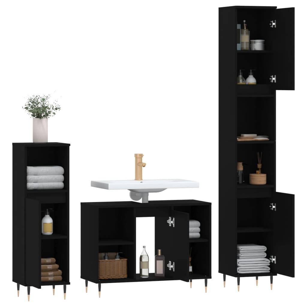 3 Piece Bathroom Furniture Set Black Engineered Wood