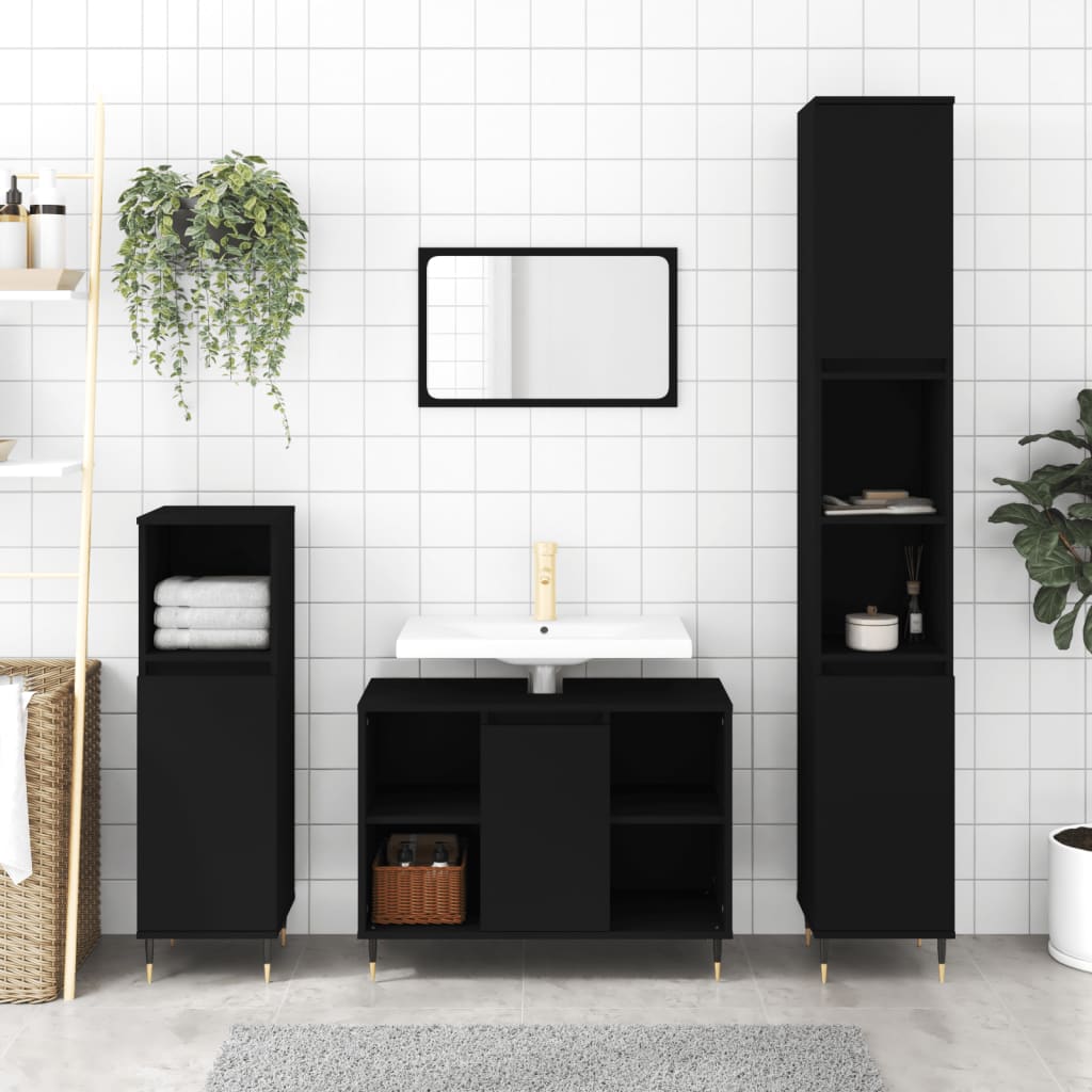 3 Piece Bathroom Furniture Set Black Engineered Wood