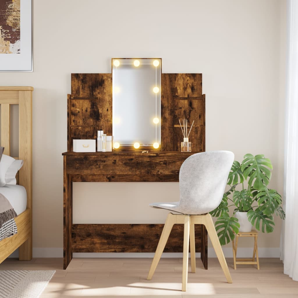 Dressing Table with LED Lights Smoked Oak 96x40x142 cm