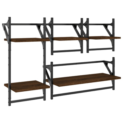 4 Piece Wall Shelf Set with Bars Brown Oak Engineered Wood